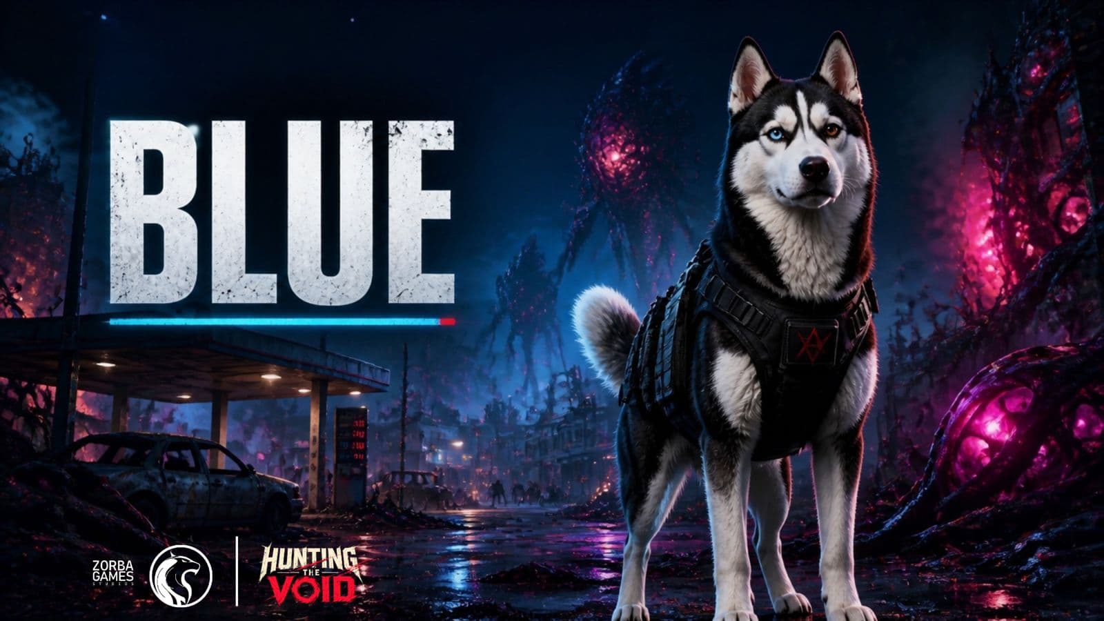 Blue, the armored husky, on a street lit by alien bloom