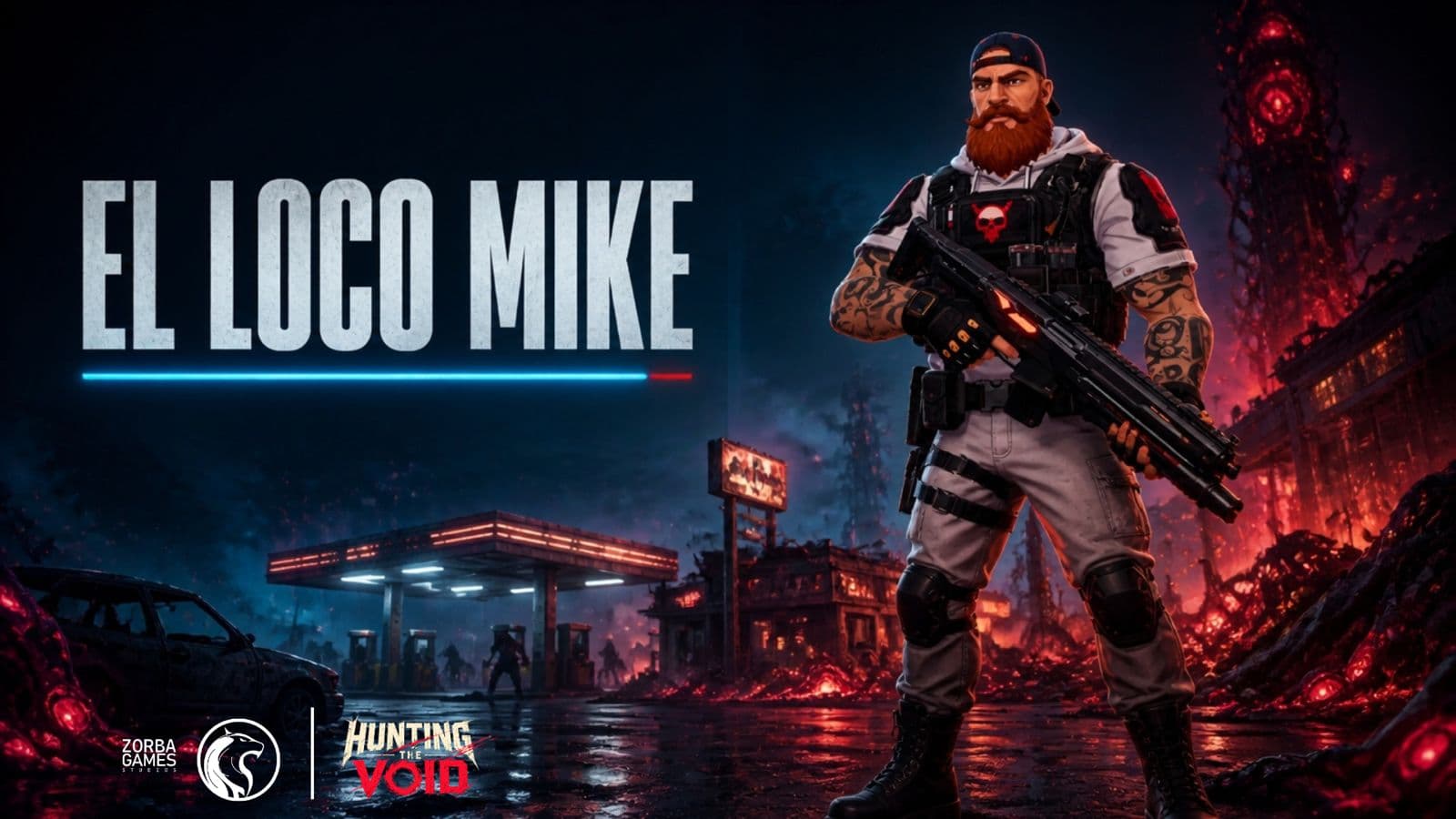 El Loco Mike standing armed outside a ruined gas station