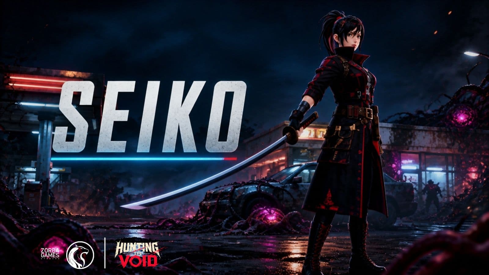 Seiko, katana drawn in a street overrun by alien growth