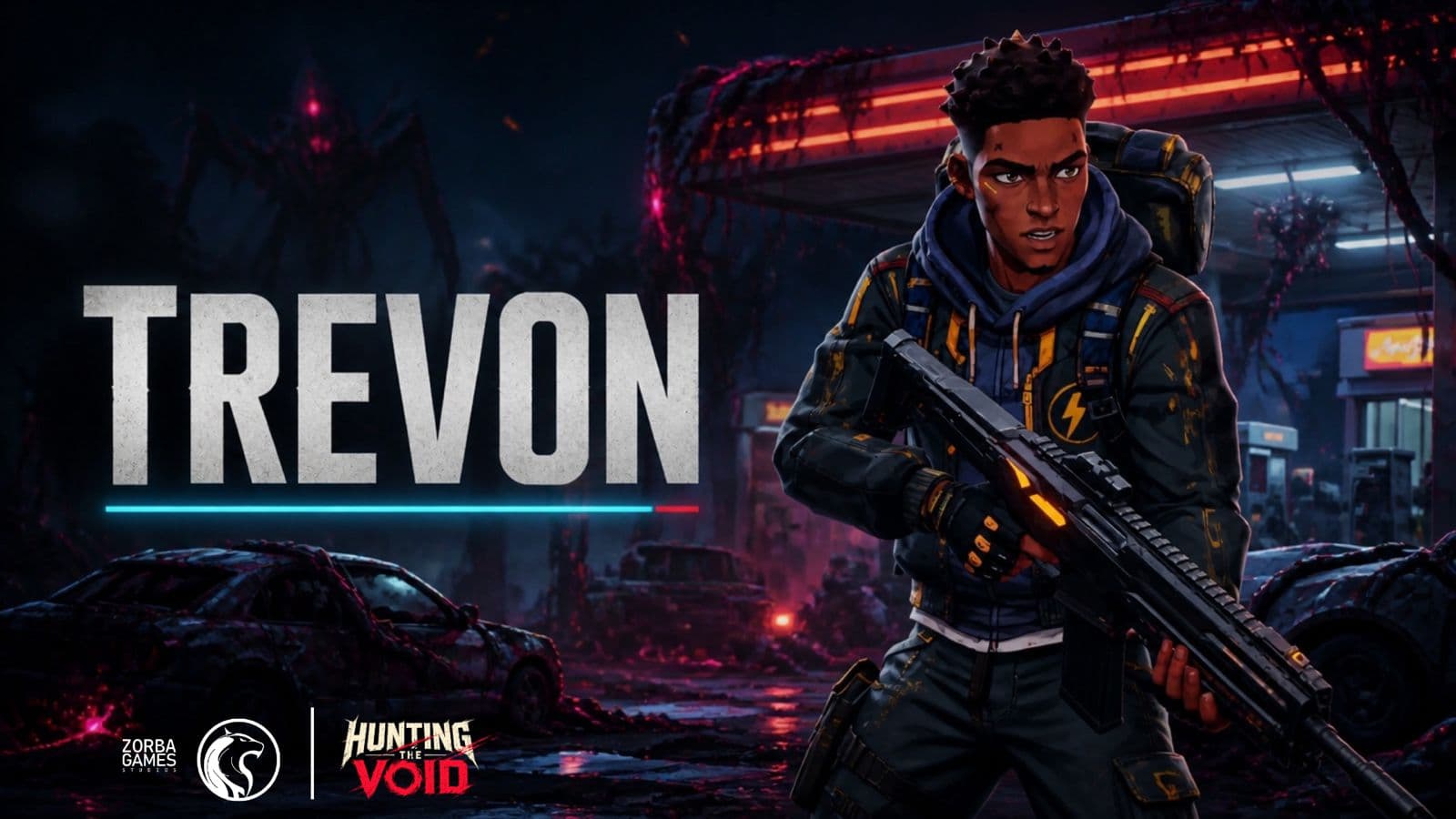 Trevon holding a rifle among wrecked cars